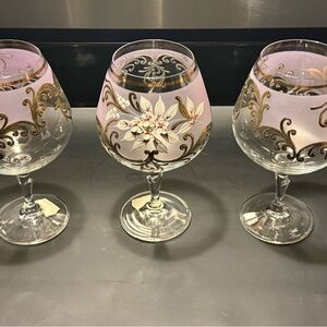 Set of 3 Hand-Painted Floral Wine Glasses – Frosted Glass with Gold Scrollwork